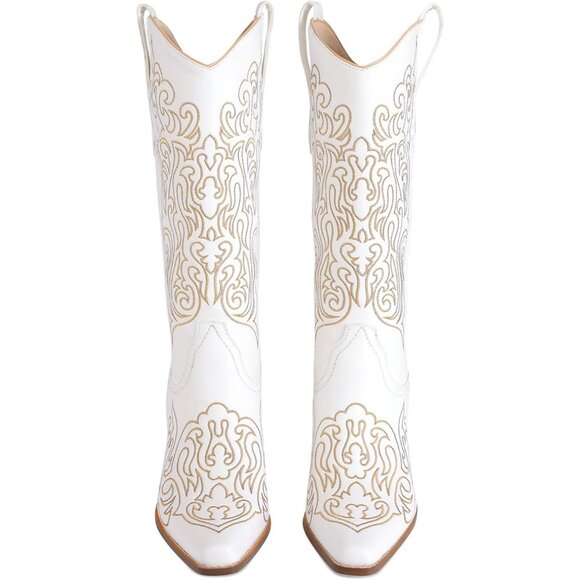 Women White Knee High Boots Cowgirl Boots Cowboy Tall Boots Western Wide Calf - Picture 5 of 9